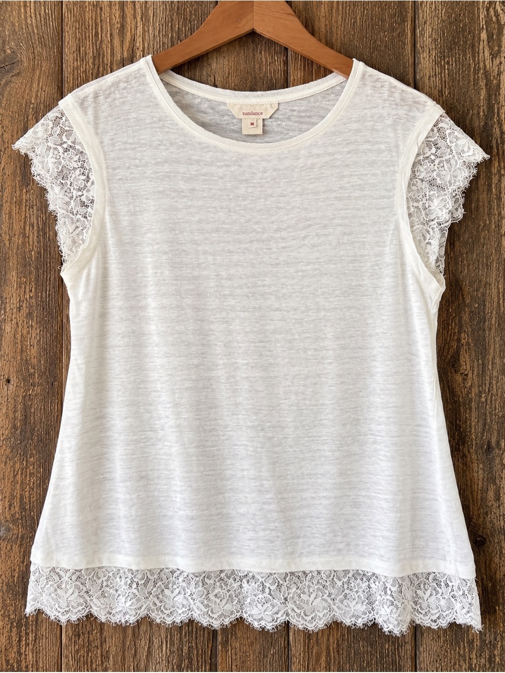 Sundance White Linen Lace Trim Top M Cap Sleeve Boho Romantic